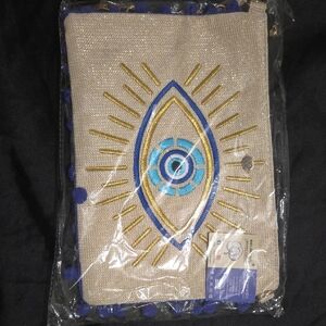 Eye Embroidered Beige Clutch Qith Gold And Blue Colors. New With Tags